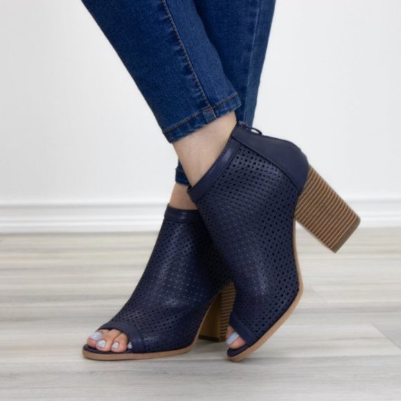 Navy Perforated Heeled Open Toe Ankle Boots - Picture 8 of 10